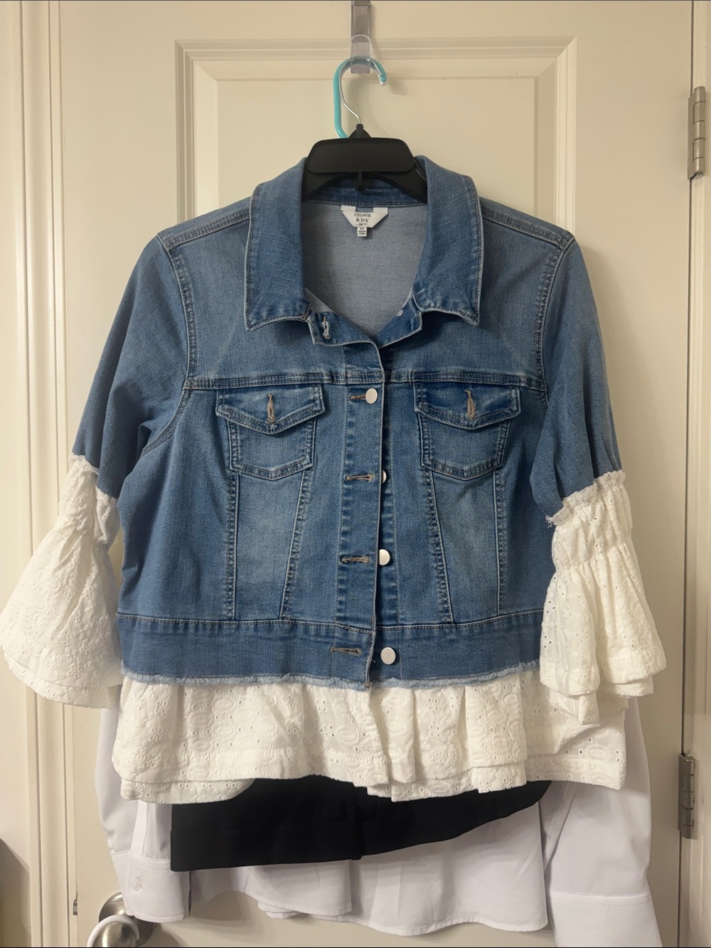 crown & ivy Light Blue Denim Jacket with White Eyelet Ruffle
